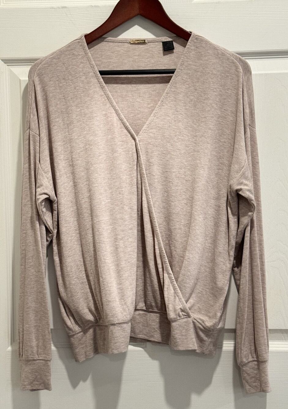 Magaschoni Long Sleeve Pullover Faux Wrap Top V Neck Size L Tan Oversized